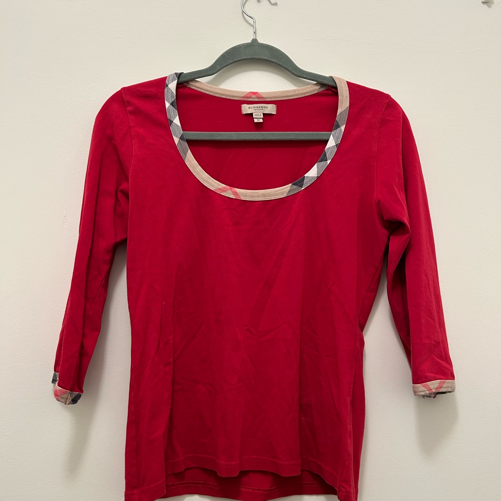 Burberry Red Long Sleeve Top With Patterned Trim